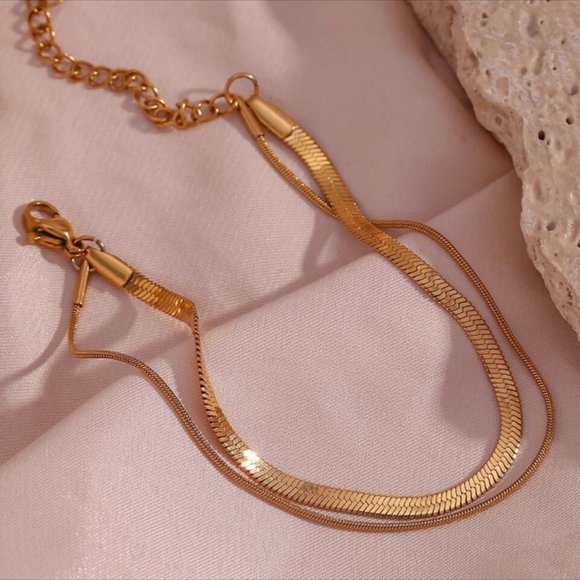 18K GOLD SNAKE CHAIN DOUBLE LAYER BRACELET, NICE BRACELET, CUTE BRACELET - Picture 3 of 5